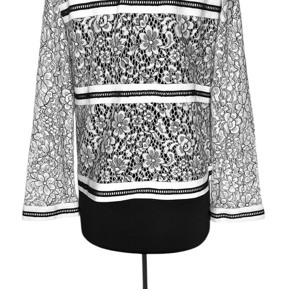 Chico’s Women’s Jacket 1 M/8 Black White Floral Lace Sheer Open Front Cardigan - Picture 8 of 9